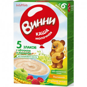ВИННИ КАША 200Г. 5 ЗЛАКОВ+ЯБЛОКО+МАЛИНА МОЛ. 6+