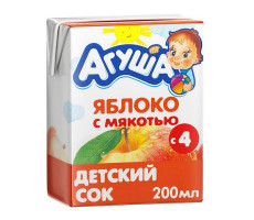 АГУША СОК 200МЛ. ЯБЛОКО МЯК. Б/САХ. 4+МЕС.